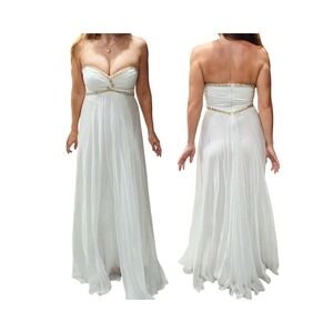 La Femme Strapless White Chiffon Gown Sz 2 Gold Beaded Empire Formal Dress Prom